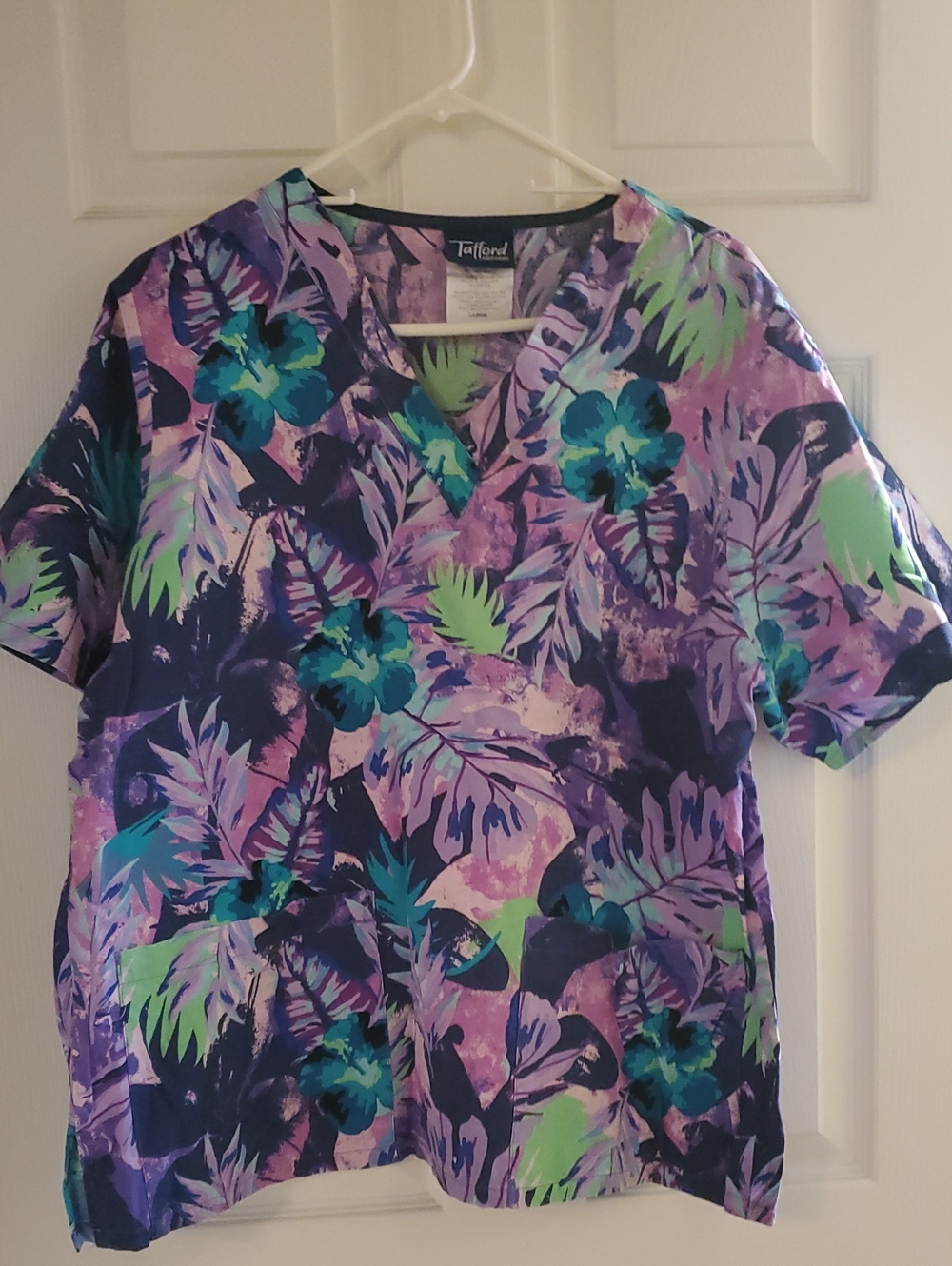Tafford Purple Floral V-Neck Scrub Top with Teal & Green Accents